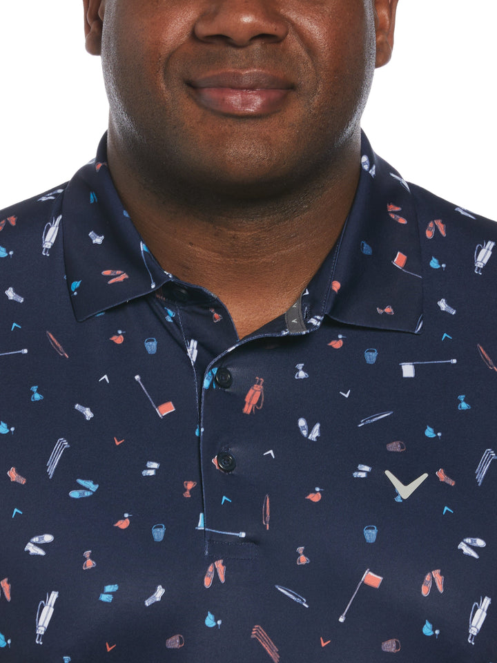 Big & Tall Short Sleeve All Over Tee Time Print Polo (Peacoat) 