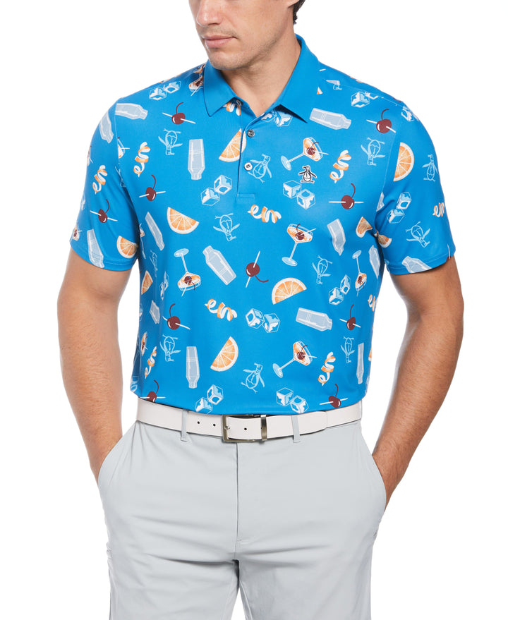All-Over Oversized Cocktail Print Short Sleeve Golf Polo Shirt (Mediterranian Blue) 