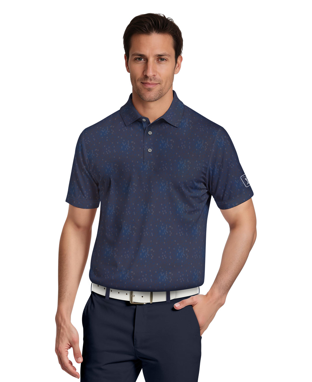 All-Over Tossed Geo Print Golf Polo (Peacoat) 