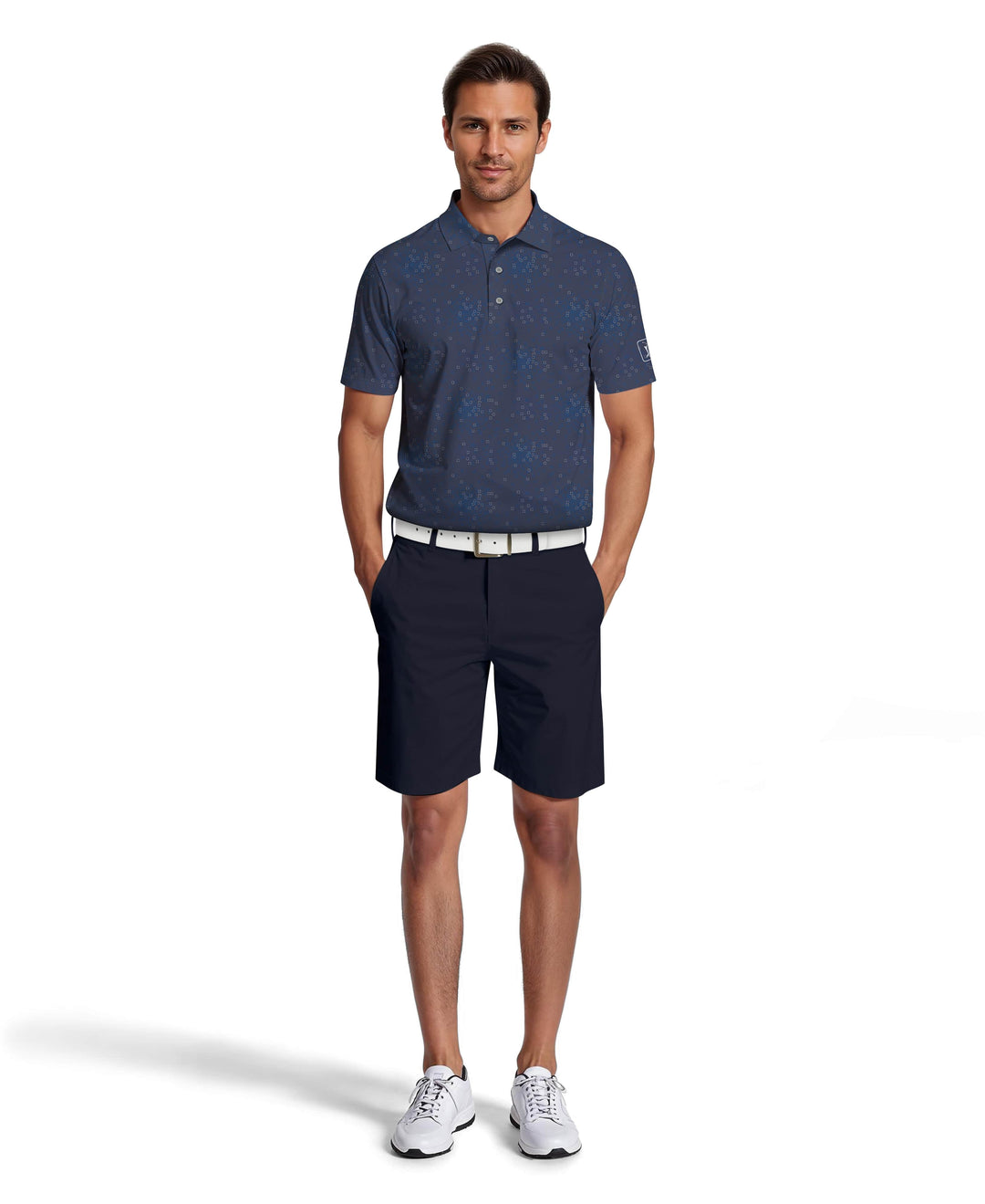 All-Over Tossed Geo Print Golf Polo (Peacoat) 