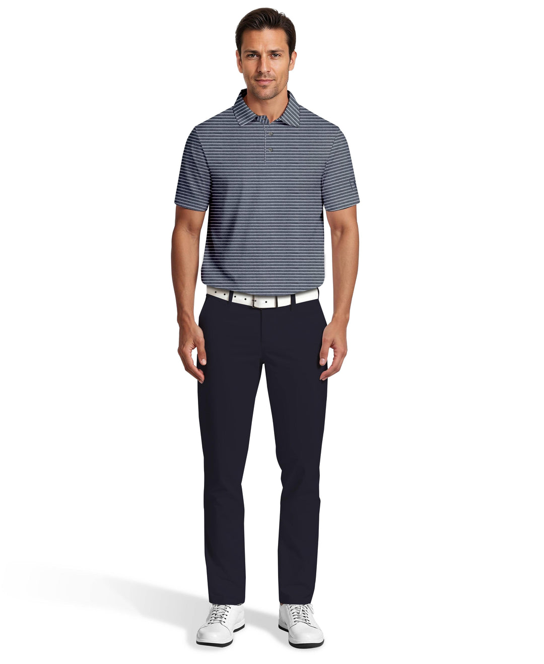 Heather Feeder Stripe Golf Polo (Peacoat Htr) 