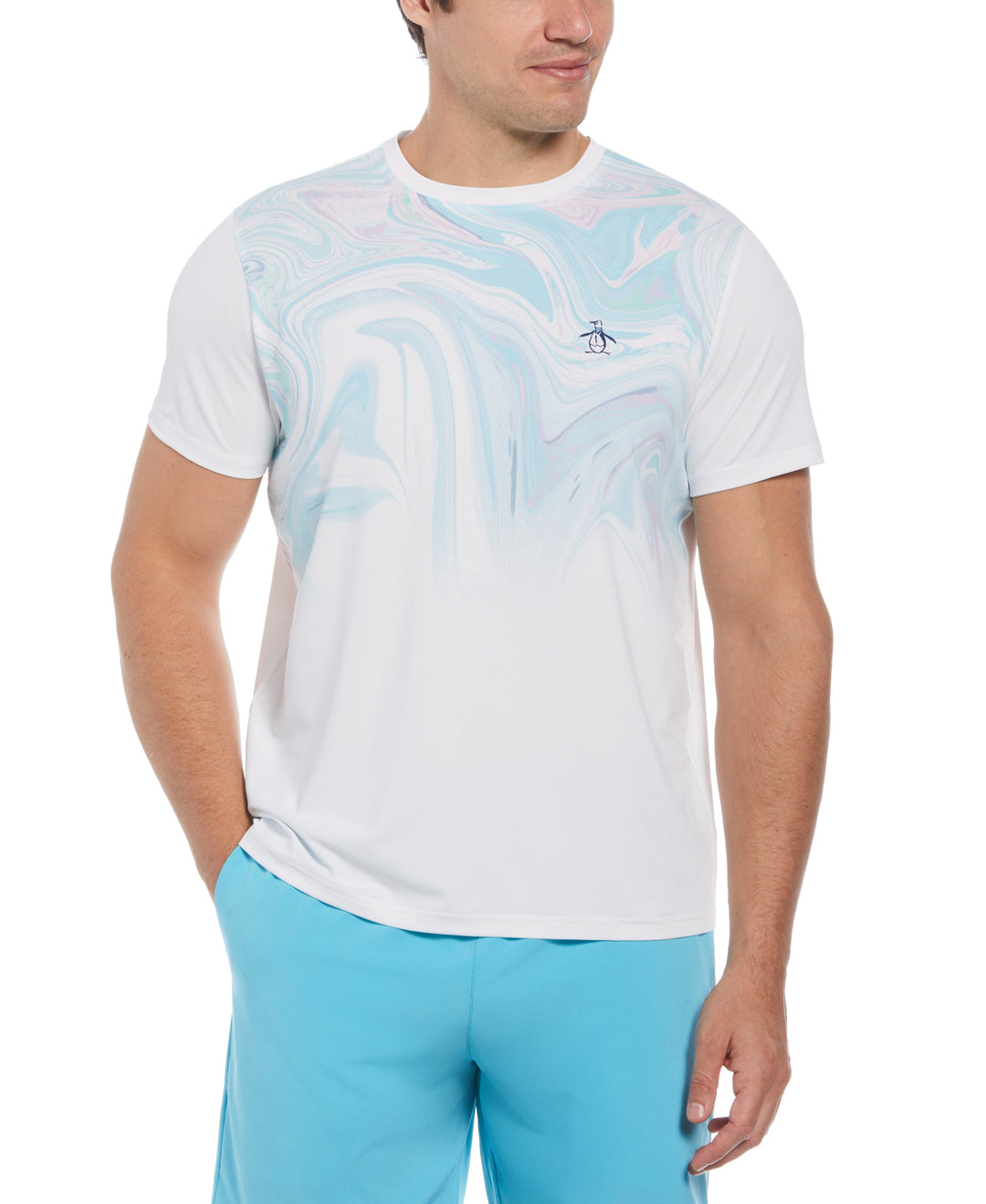 Marble Print Performance Short Sleeve Tennis T-Shirt (Bright White) 