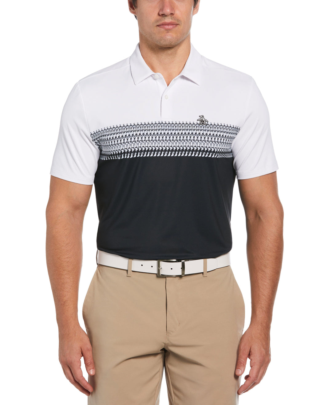 Penguin Stripe Block Print Short Sleeve Golf Polo Shirt (Bright White) 