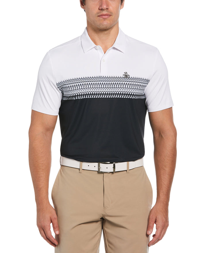 Penguin Stripe Block Print Short Sleeve Golf Polo Shirt (Bright White) 