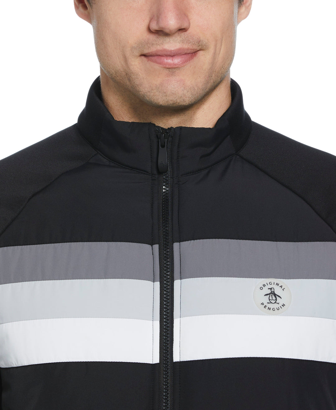 Retro Color Block Mixed Media Insulated Full Zip Jacket (Caviar) 