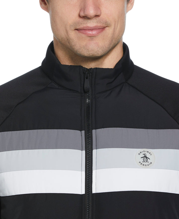Retro Color Block Mixed Media Insulated Full Zip Jacket (Caviar) 