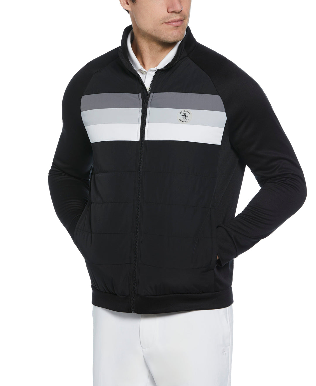 Retro Color Block Mixed Media Insulated Full Zip Jacket (Caviar) 