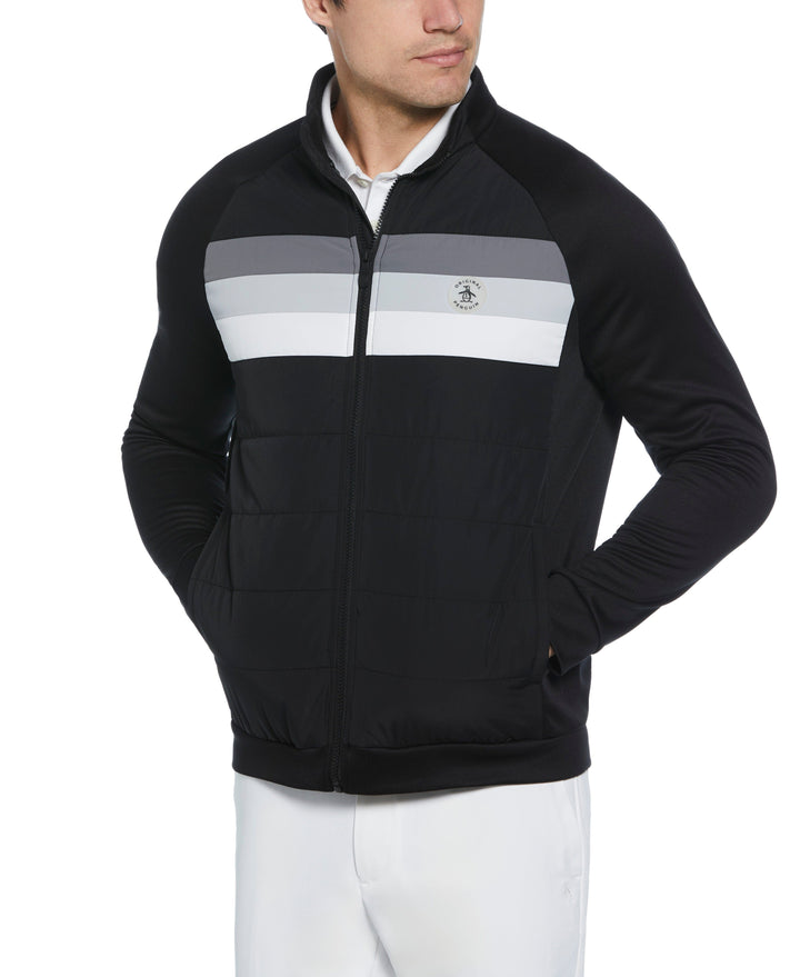 Retro Color Block Mixed Media Insulated Full Zip Jacket (Caviar) 