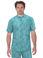 Seersucker Flamingo Print Golf Polo (Cyan Blue) 