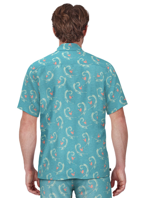 Seersucker Flamingo Print Golf Polo (Cyan Blue) 