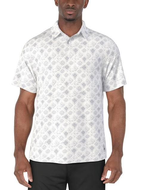 Short Sleeve Textured Medallion Printed Polo  (Bright White) 