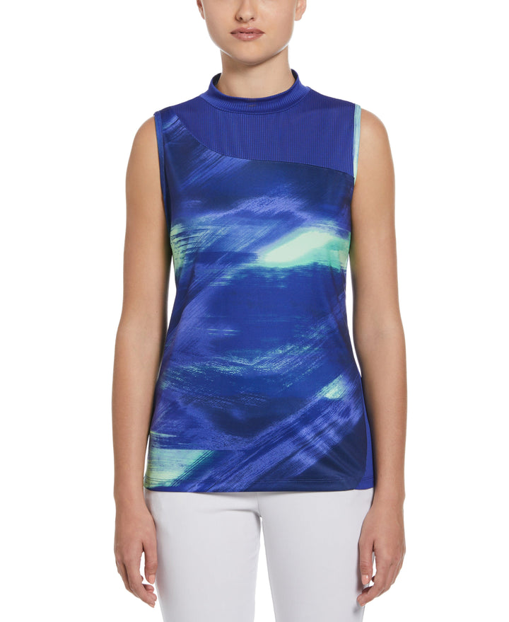 Brushed Abstract Print Golf Shirt with Asymmetrical Blocking (Bluing) 