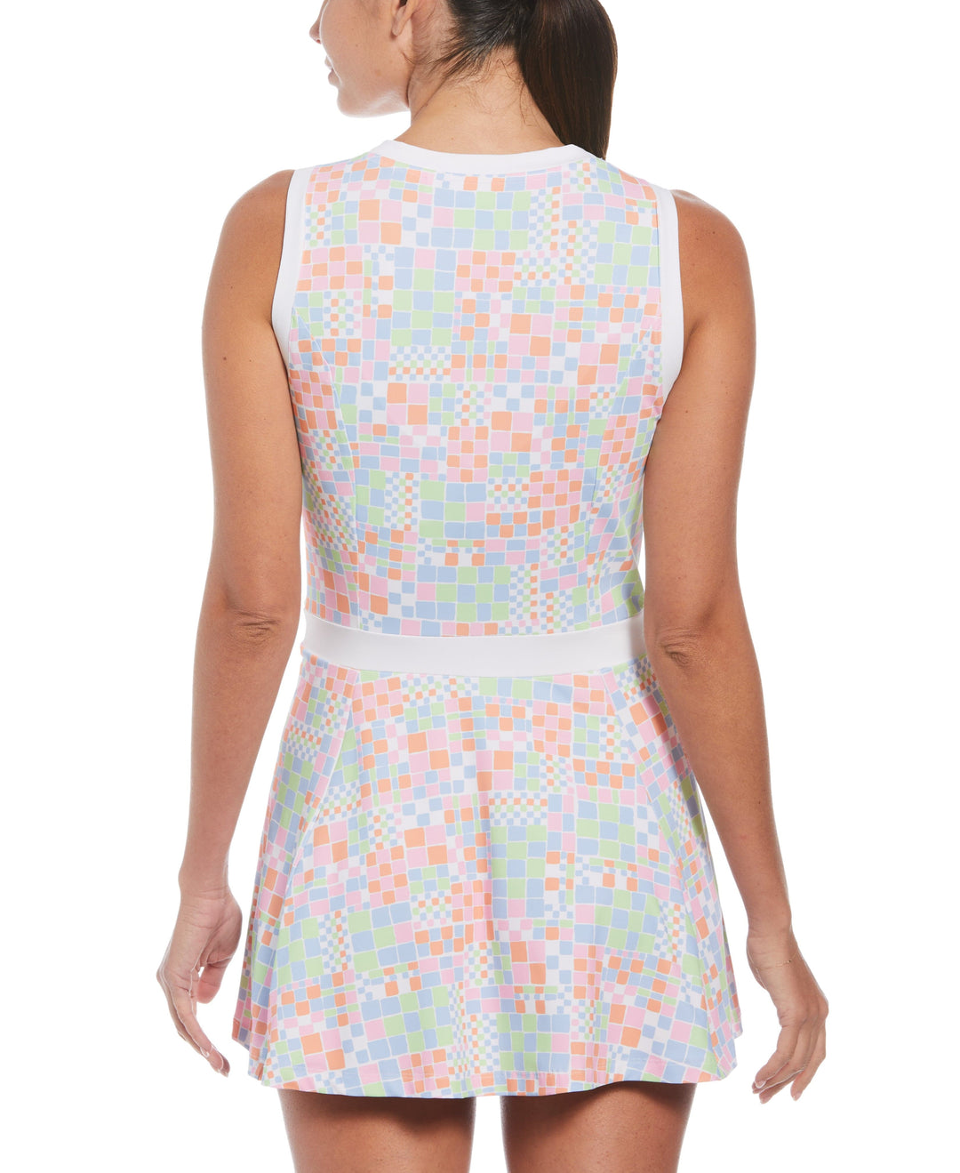 Checkerboard Print Flounce Sleeveless Tennis Dress (Bright White) 