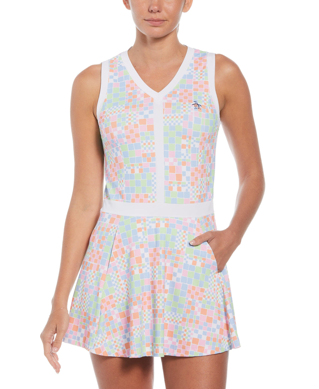 Checkerboard Print Flounce Sleeveless Tennis Dress (Bright White) 