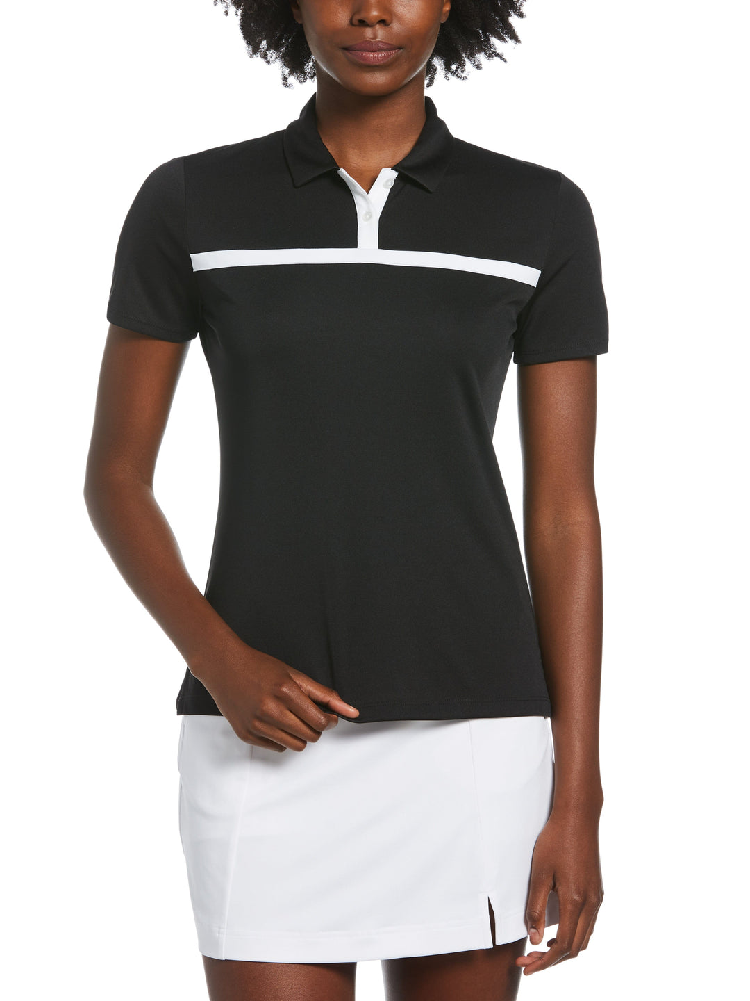 Womens Chest Striped Button Polo (Caviar) 