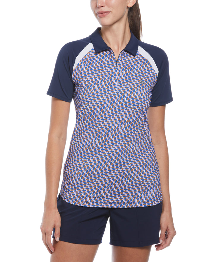 Womens Color Block Optical Print Polo Shirt (Black Iris) 