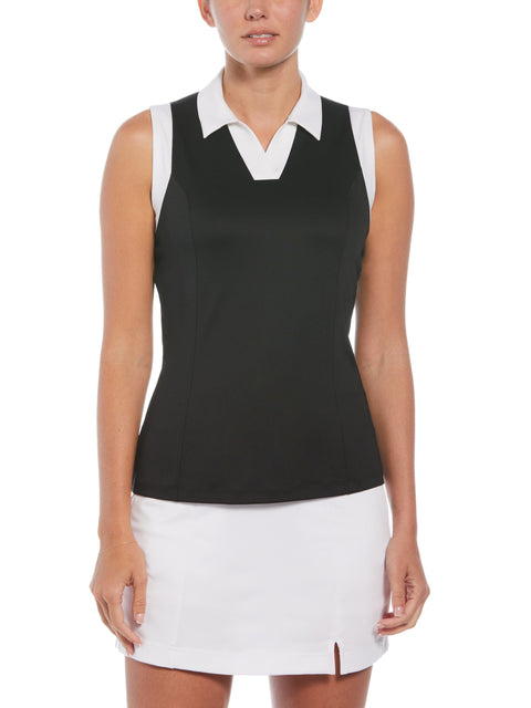 Women's Color Block V-Placket Sleeveless Golf Polo Shirt (Caviar) 