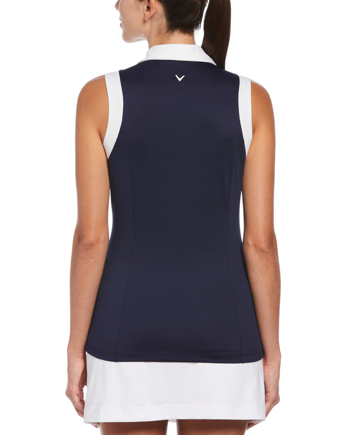 Women's Color Block V-Placket Sleeveless Golf Polo Shirt (Peacoat) 