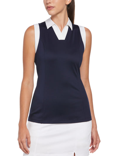 Women's Color Block V-Placket Sleeveless Golf Polo Shirt (Peacoat) 