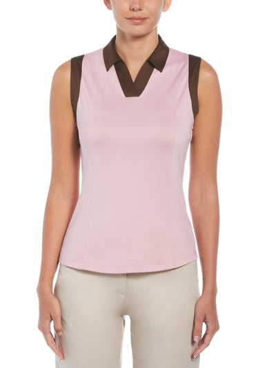 Women's Color Block V-Placket Sleeveless Golf Polo Shirt (Pink Nectar) 