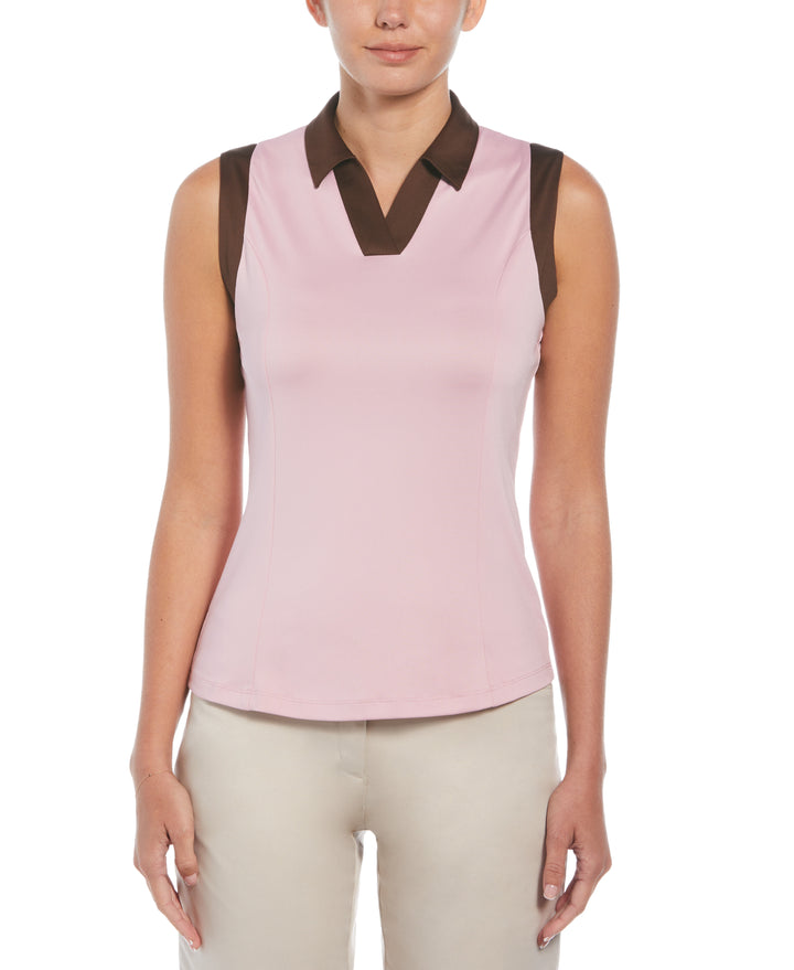 Women's Color Block V-Placket Sleeveless Golf Polo Shirt (Pink Nectar) 