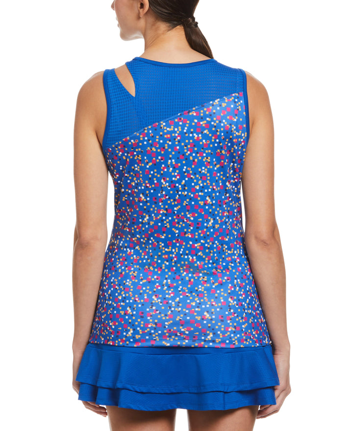 Confetti Geo Printed Asymmetrical Tennis Tank with Mesh Blocking (Lapis Blue) 