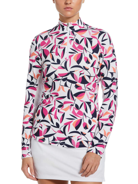 Cutout Floral Print Sun Protection Quarter Zip Golf Shirt (Bright White) 