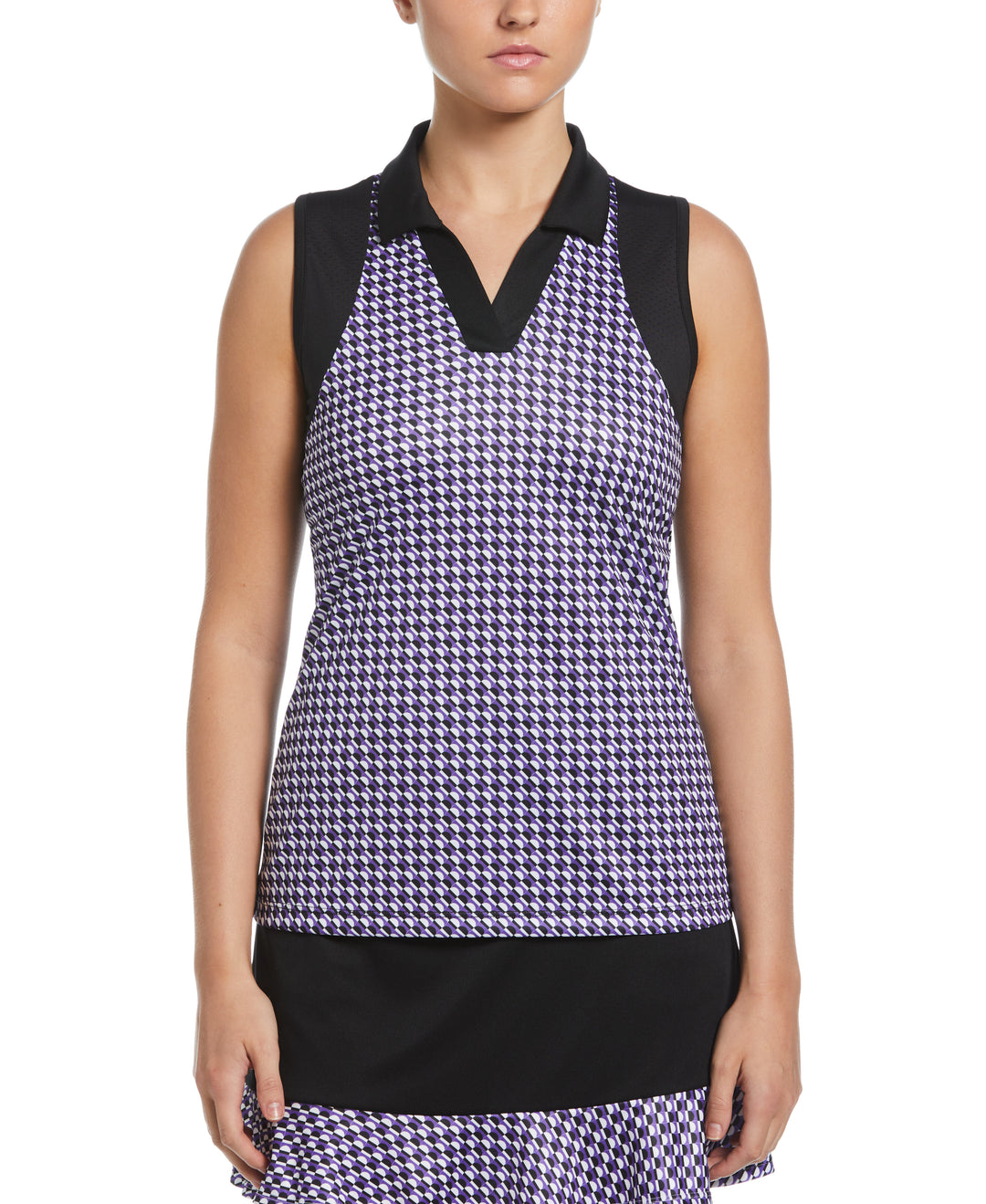 Diagonal Geo Printed Sleeveless Polo W/ Mesh Shoulder Panels  (Caviar) 