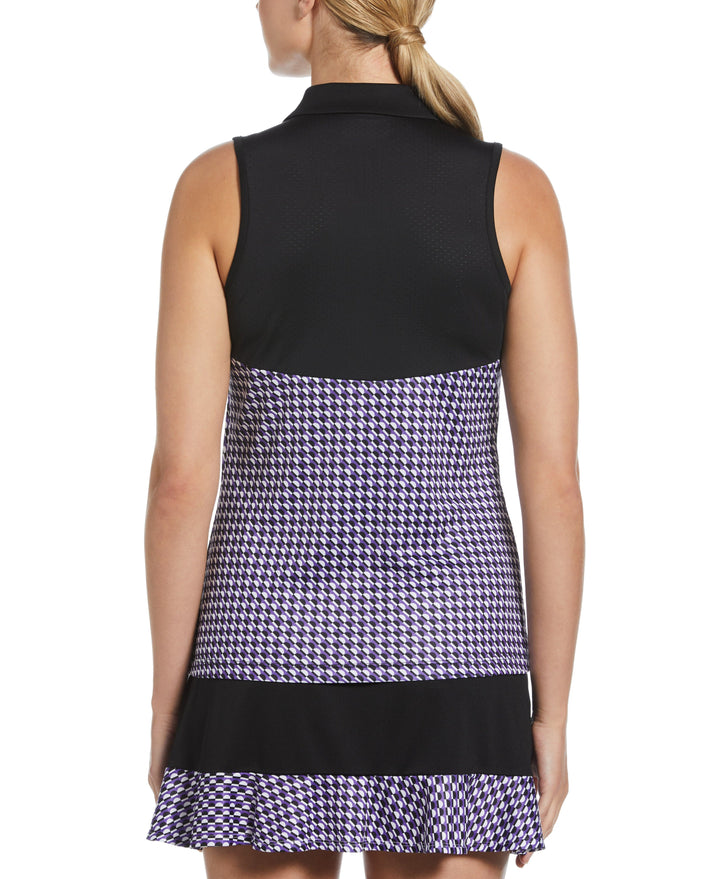 Diagonal Geo Printed Sleeveless Polo W/ Mesh Shoulder Panels  (Caviar) 