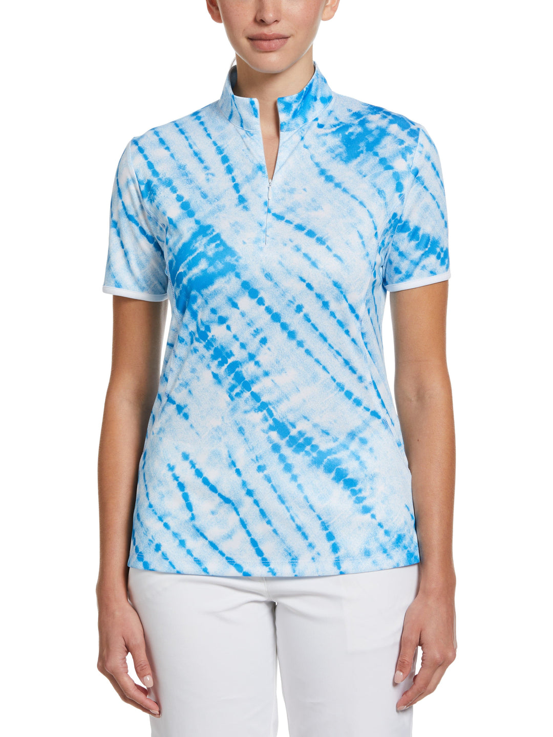 Womens Diagonal Tie Dye Print Zip Golf Polo (Brilliant White) 