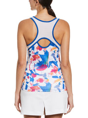 Diffused Floral Print Tennis Tank with Mesh Panels (Brilliant White) 