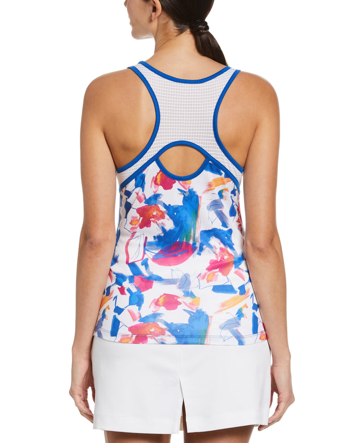 Diffused Floral Print Tennis Tank with Mesh Panels (Brilliant White) 