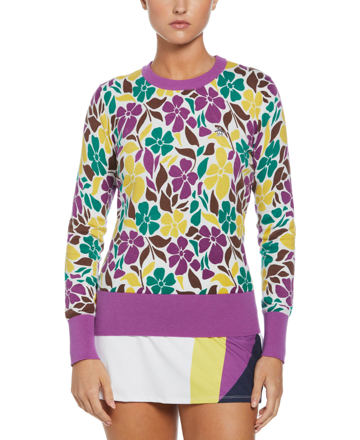 Floral Print Pullover Sweater (Purple Cactus Flower) 