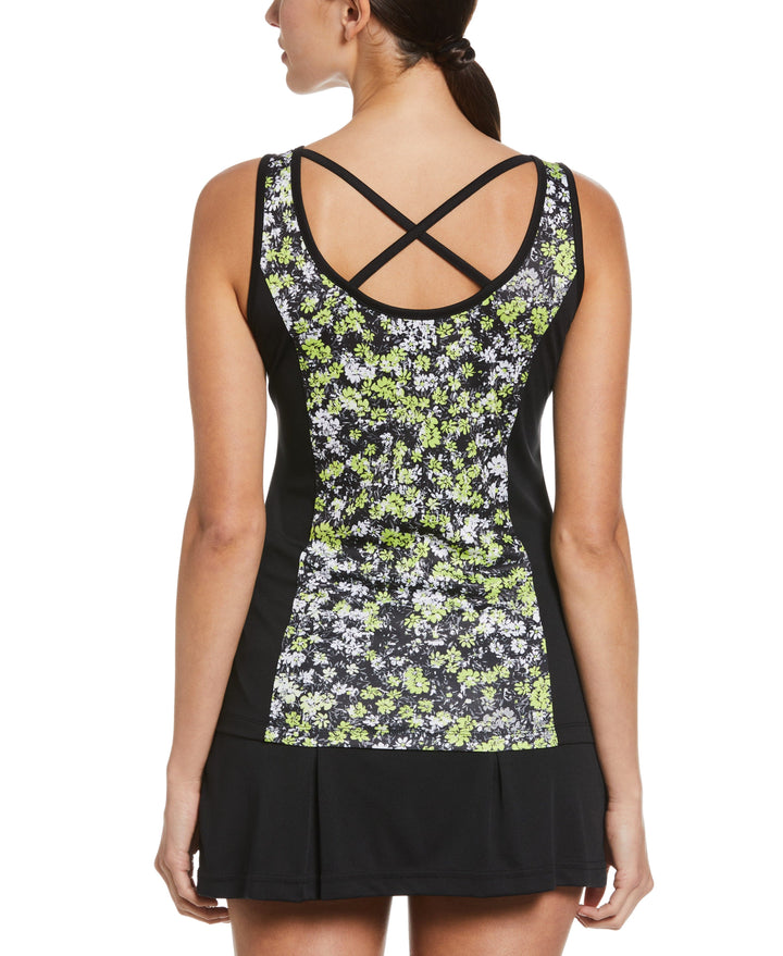 Floral Printed Strappy Tennis Tank with Tie Up Front Detail (Caviar) 