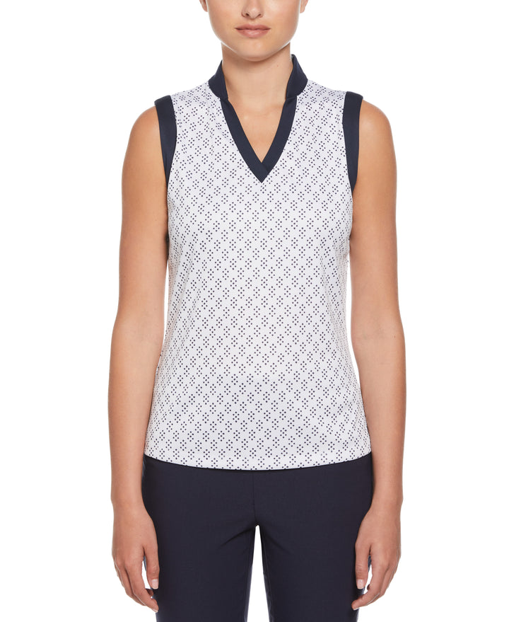 Geo Print Golf Shirt with Mandarin Collar (Bright White) 