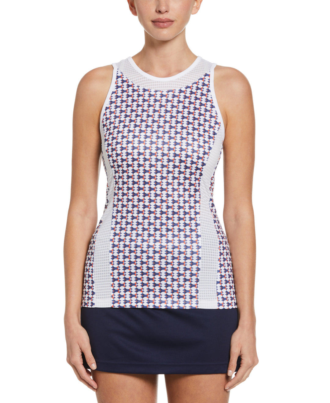 Geo Printed Tennis Tank with Mesh Piecing (Brilliant White) 