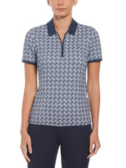 Geometric Print Short Sleeve Golf Polo Shirt with Mesh Inserts (Black Iris) 