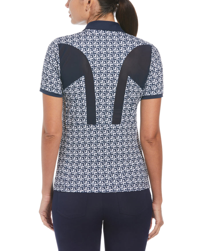 Geometric Print Short Sleeve Golf Polo Shirt with Mesh Inserts (Black Iris) 