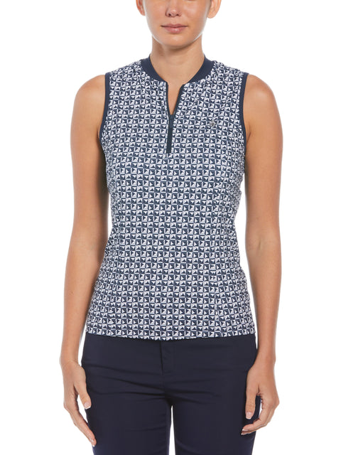 Geometric Print Sleeveless Golf Polo with Mesh Back (Black Iris) 