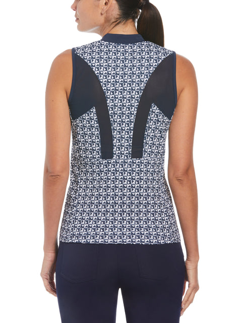 Geometric Print Sleeveless Golf Polo with Mesh Back (Black Iris) 