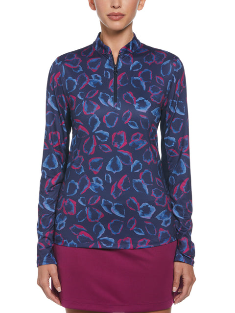 Petal Print Sun Protection 1/4 Zip Golf Shirt (Peacoat) 