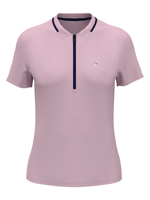 Women's Ribbed Golf Polo Shirt With Metallic Zip (Charm Pink) 