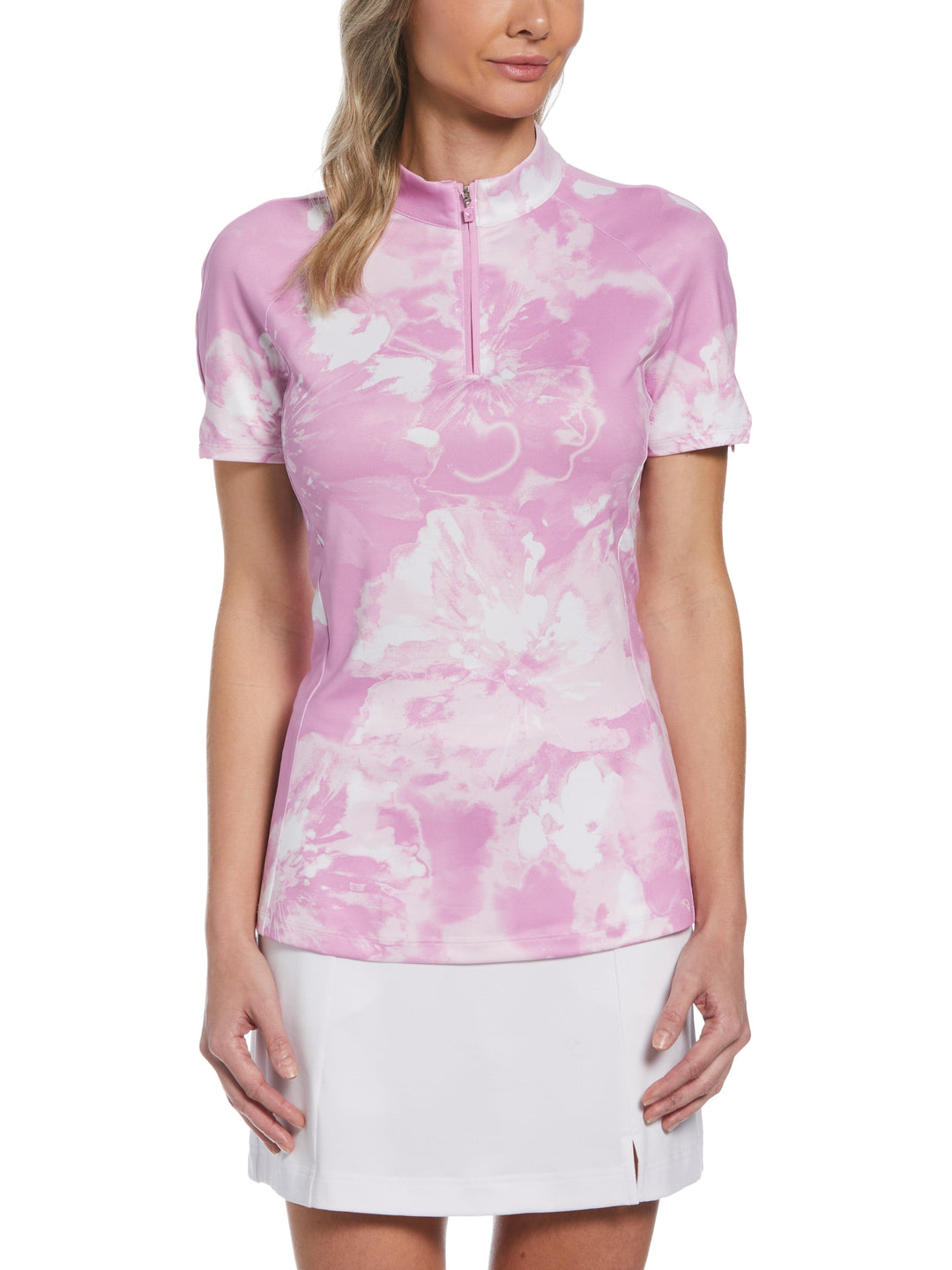 Swing Tech Tie Dye Floral Zip Golf Polo (Pastel Lavender) 
