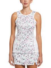 Tennis Conversational Print Racerback Tennis Tank Top (Brilliant White) 