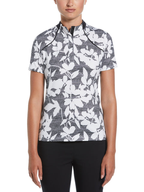 Textured Abstract Floral Print Golf Polo with Snap Placket (Caviar) 