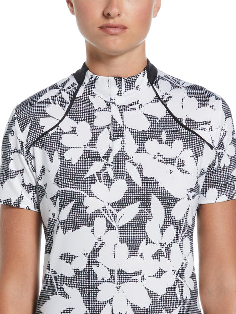 Textured Abstract Floral Print Golf Polo with Snap Placket (Caviar) 