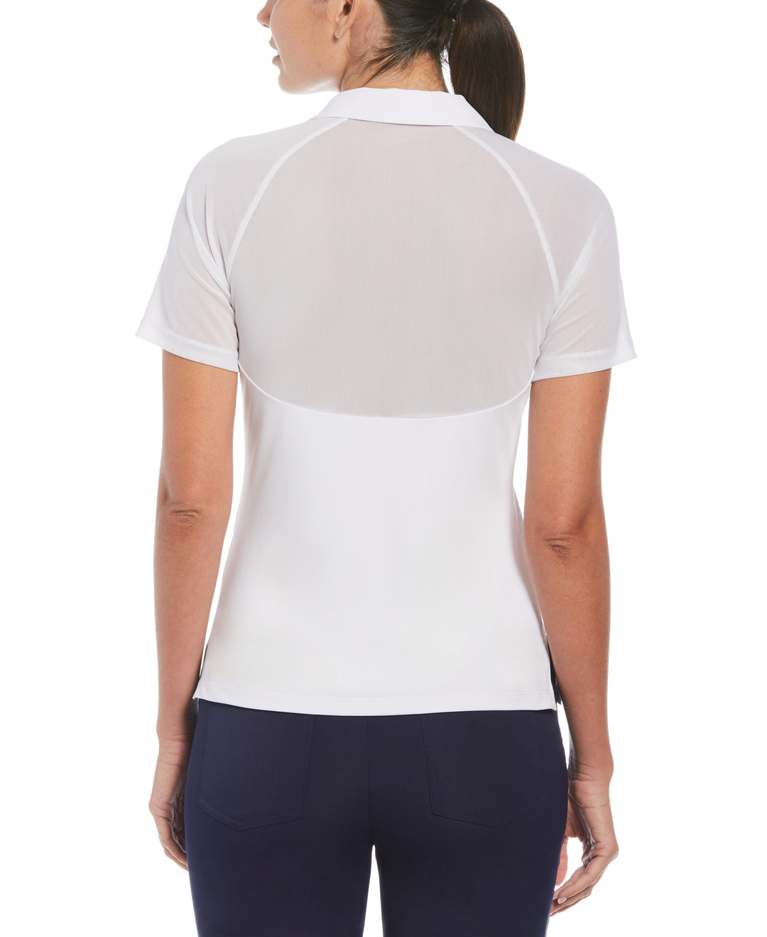 V-Neck Mesh Block Short Sleeve Golf Polo Shirt with Contrast Piping (Bright White) 