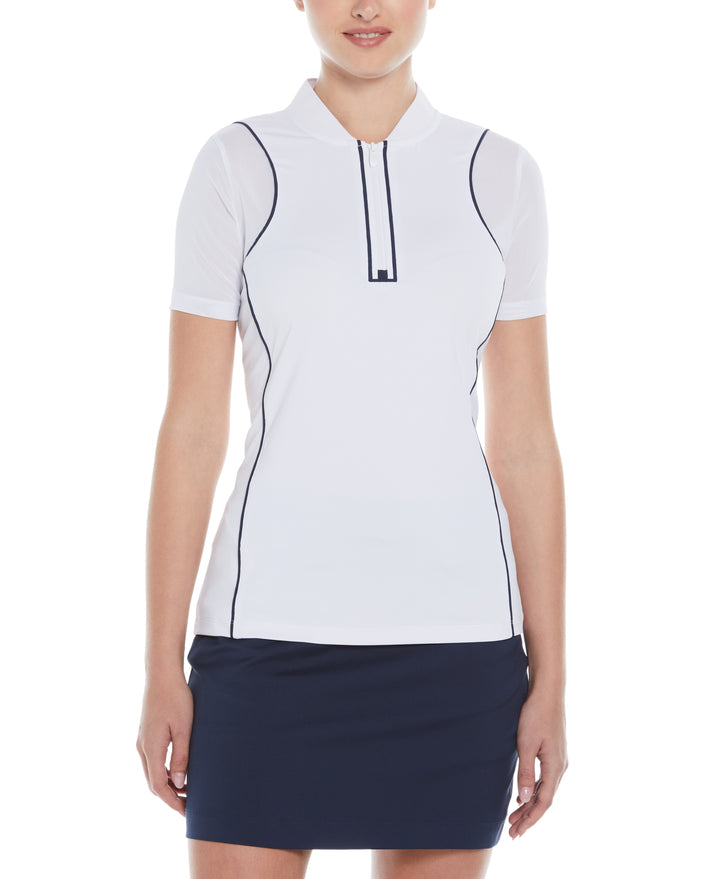 Zip Front Golf Top with Piping (Bright White) 