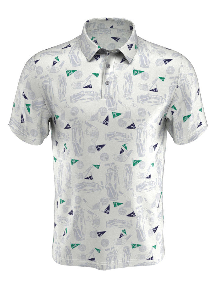 Golf Sketch Print Golf Polo (Bright Wh/Chambray Bl) 
