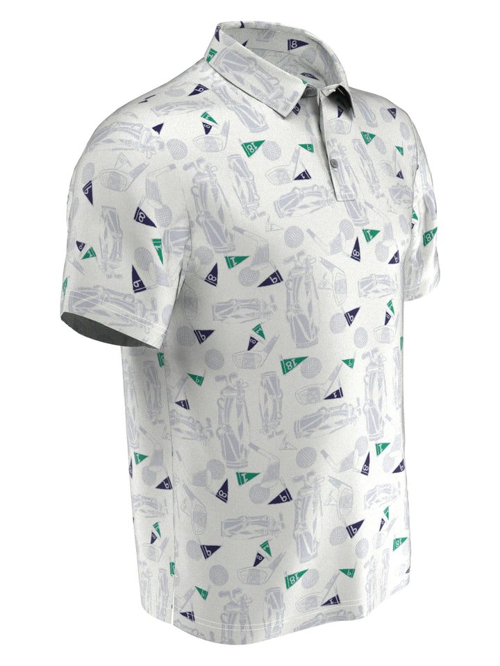 Golf Sketch Print Golf Polo (Bright Wh/Chambray Bl) 